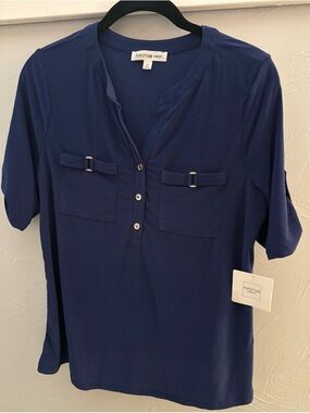 PerSeption Concept Navy Short-Sleeve Henley Blouse with Pocket Tabs